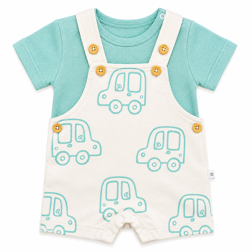 Boys Set 2 Pieces Cotton T-Shirt & Car Print Overall