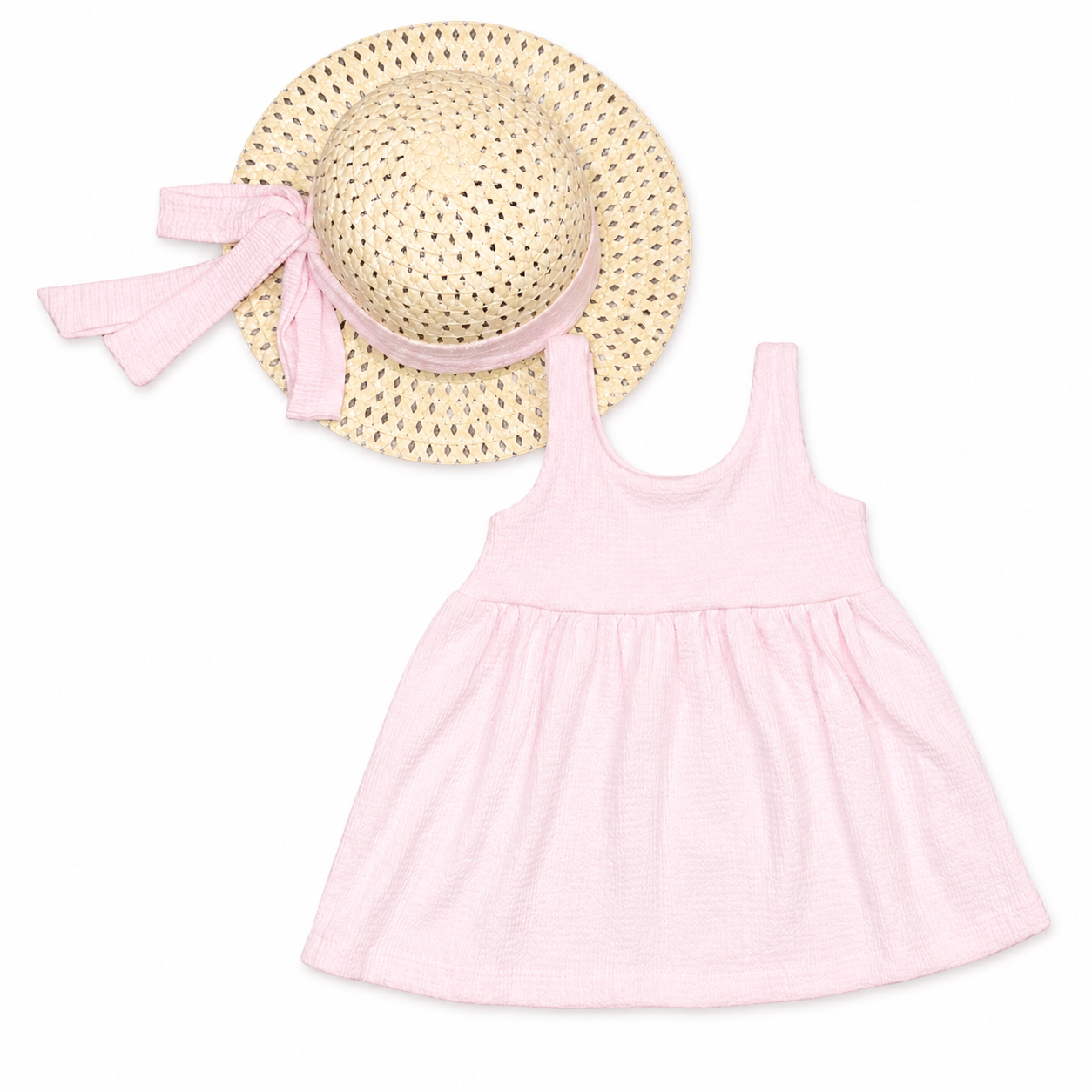 Girls Pink Dress with Cream Hat Set - 2 Pieces