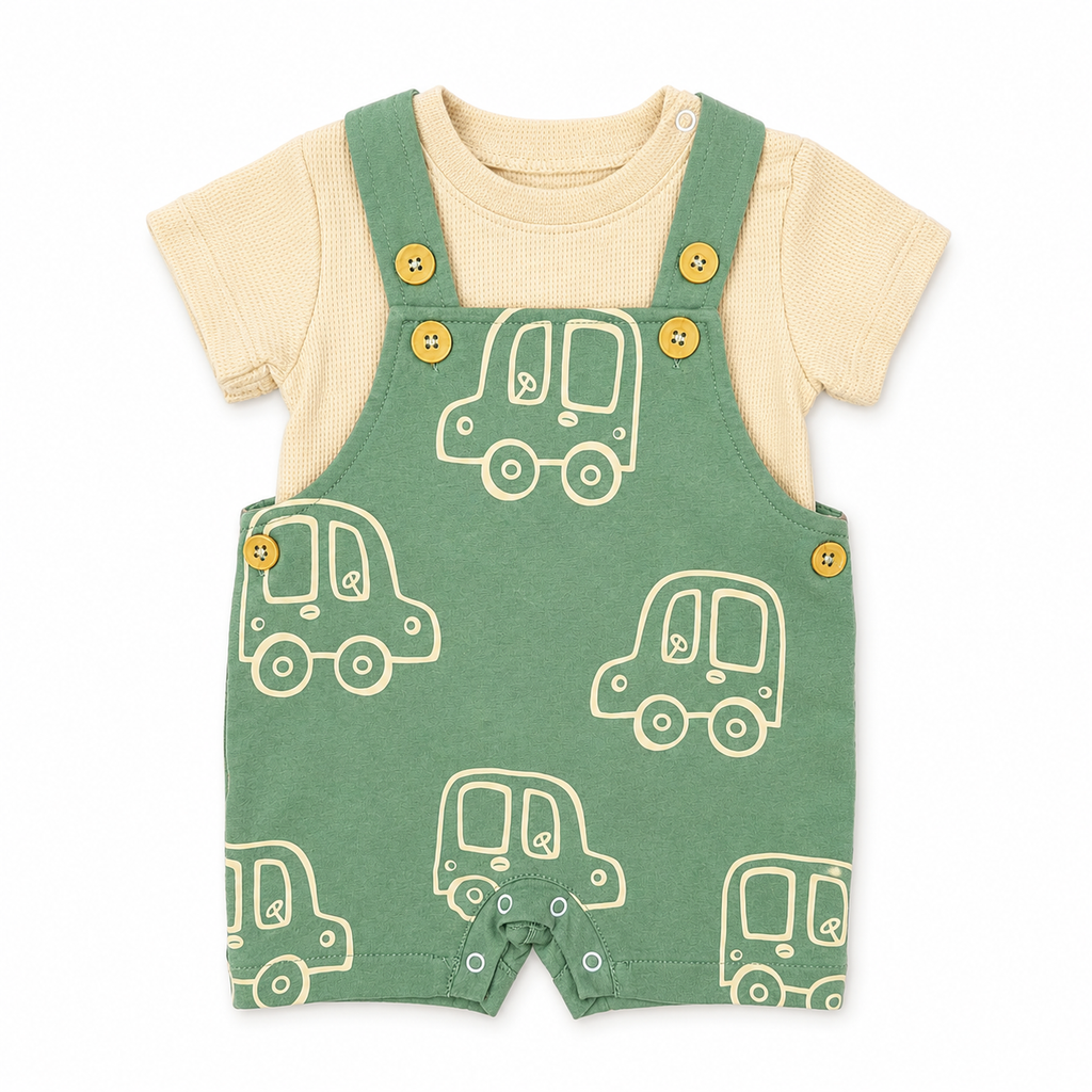 Boys Set 2 Pieces Cotton T-Shirt & Car Print Overall