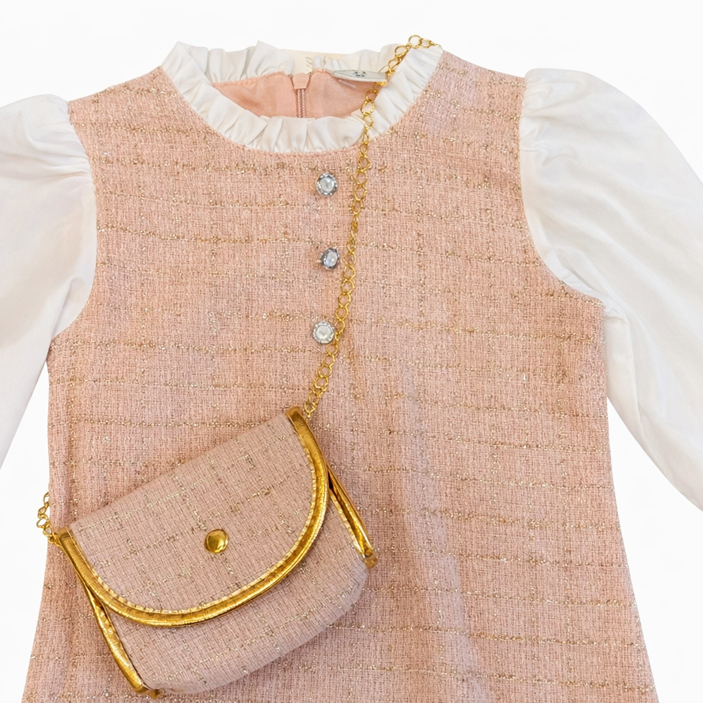 Tweed Fabric Dress in Pink & Beige with Gold Chain Crossbody Bag