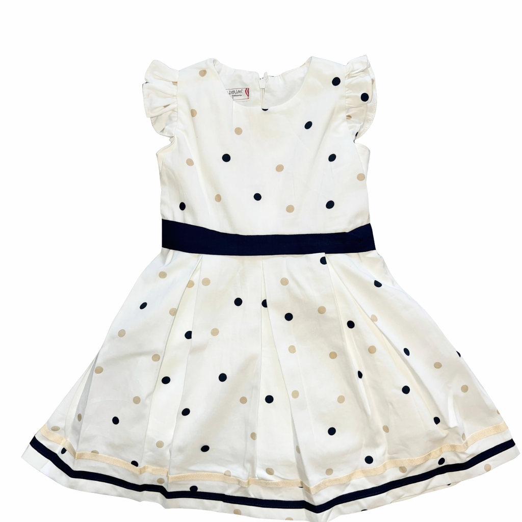 Girls Elegant White Dotted Dress with Beige Cardigan