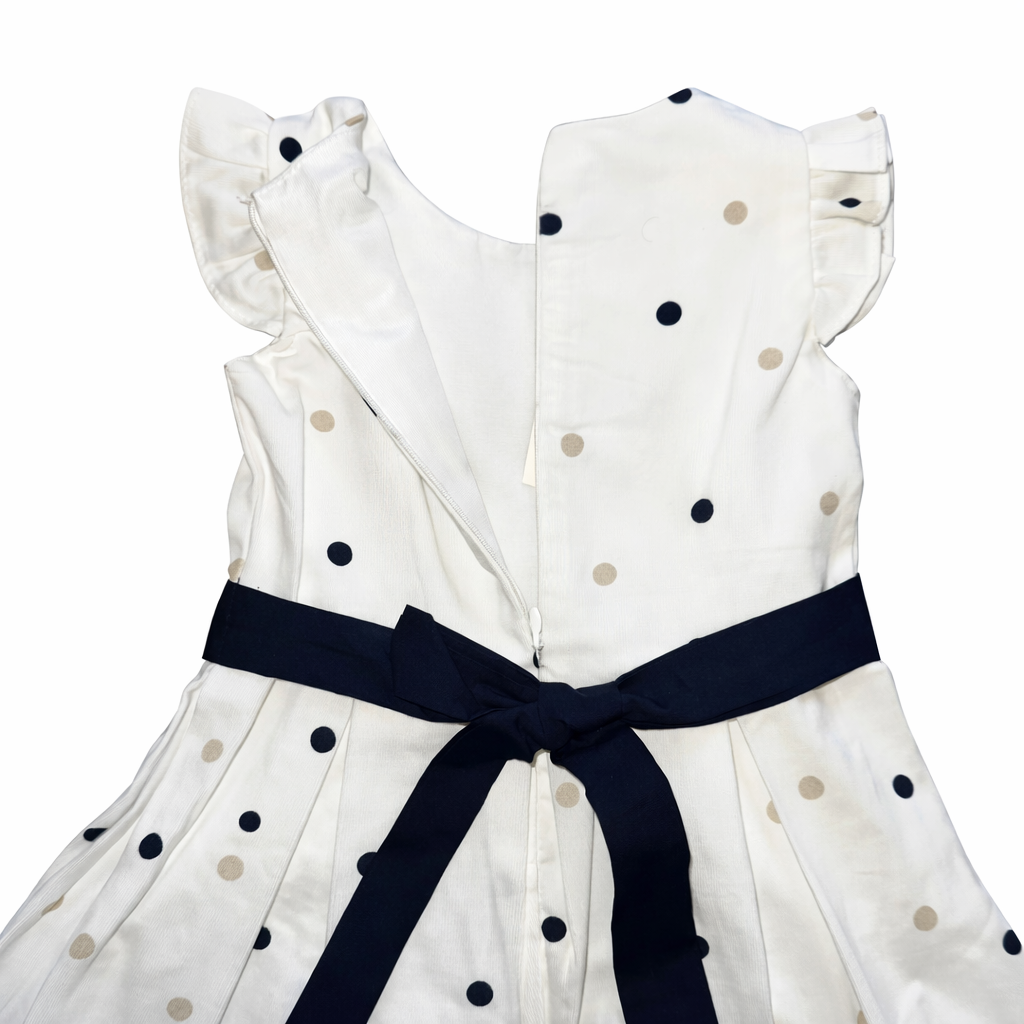 Girls Elegant White Dotted Dress with Beige Cardigan