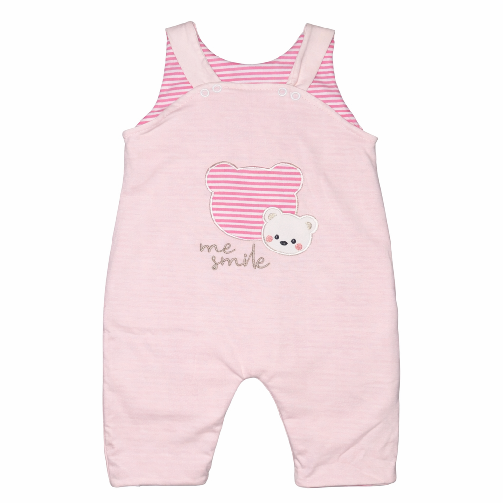 Baby Girl Cotton 2-Pieces Set – Pink & White Teddy Bear Overall with Long Sleeve Blouse