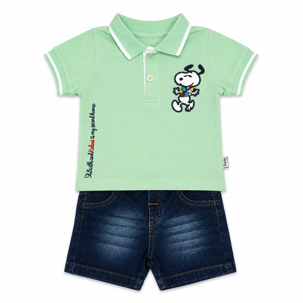 Boys 2 Pieces Polo Snoopy & Jeans Shorts Set