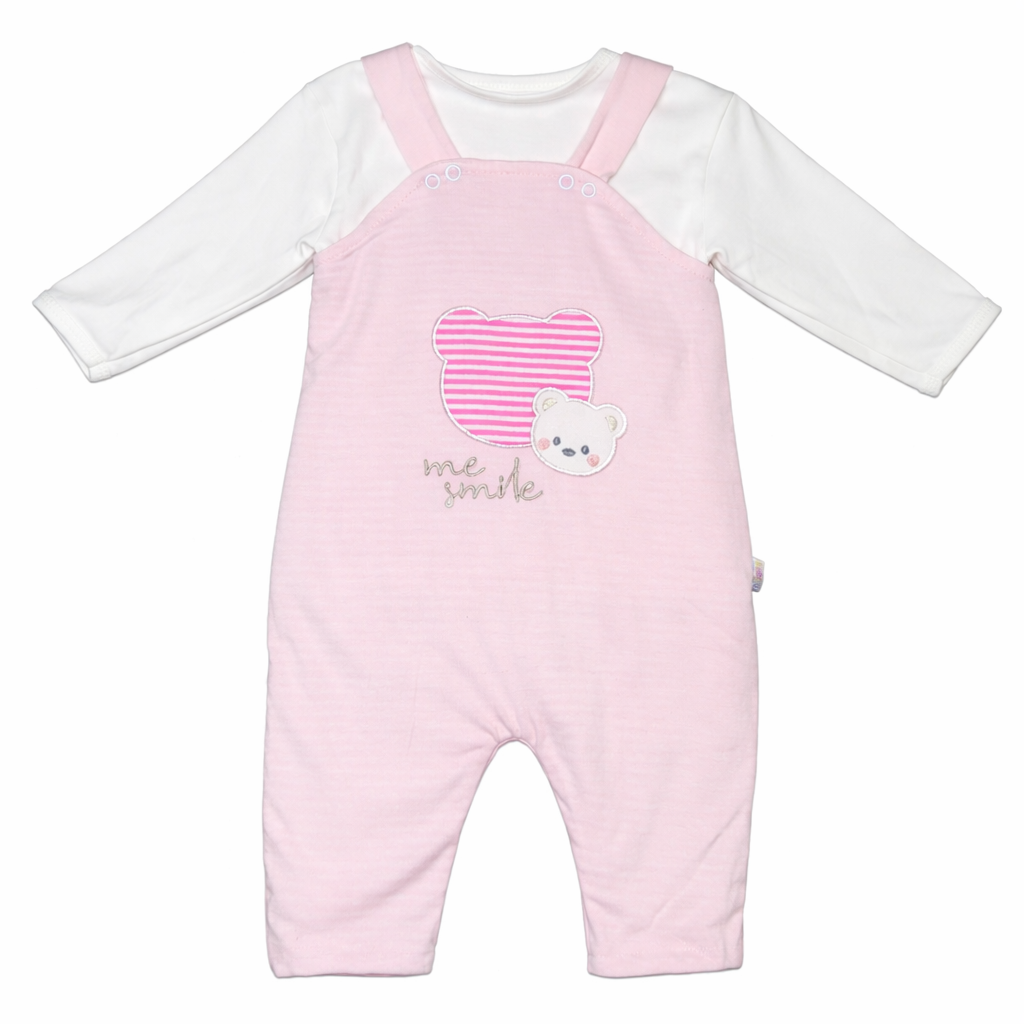 Baby Girl Cotton 2-Pieces Set – Pink & White Teddy Bear Overall with Long Sleeve Blouse