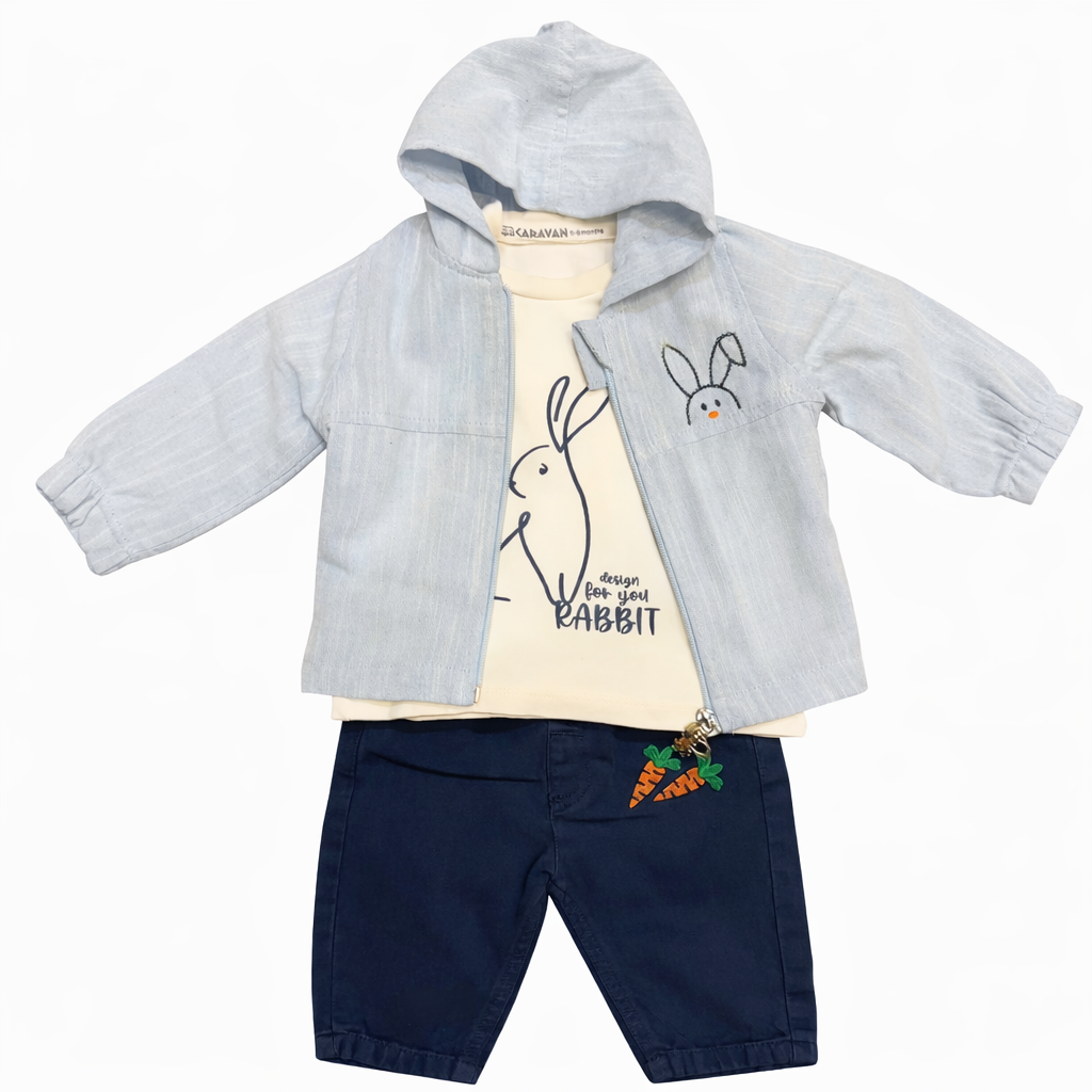 Boy Set with Sport Jeans-Style Pants, White Cotton Blouse & Navy Blue Cardigan