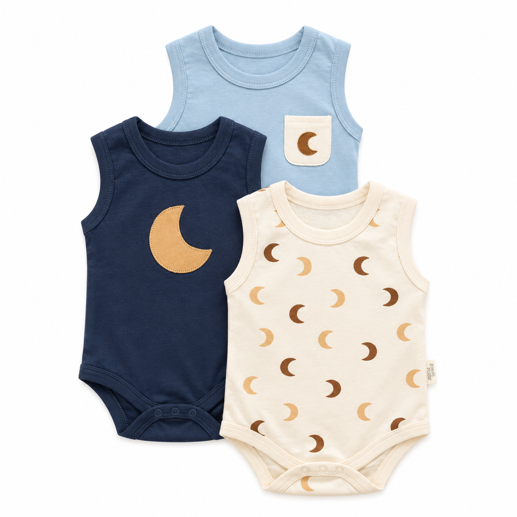 Boys Moon Cotton Bodysuit Set – 3 Pieces