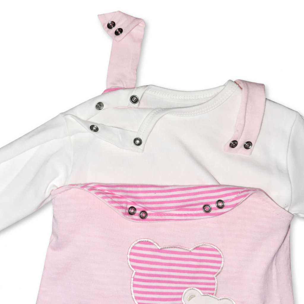 Baby Girl Cotton 2-Pieces Set – Pink & White Teddy Bear Overall with Long Sleeve Blouse