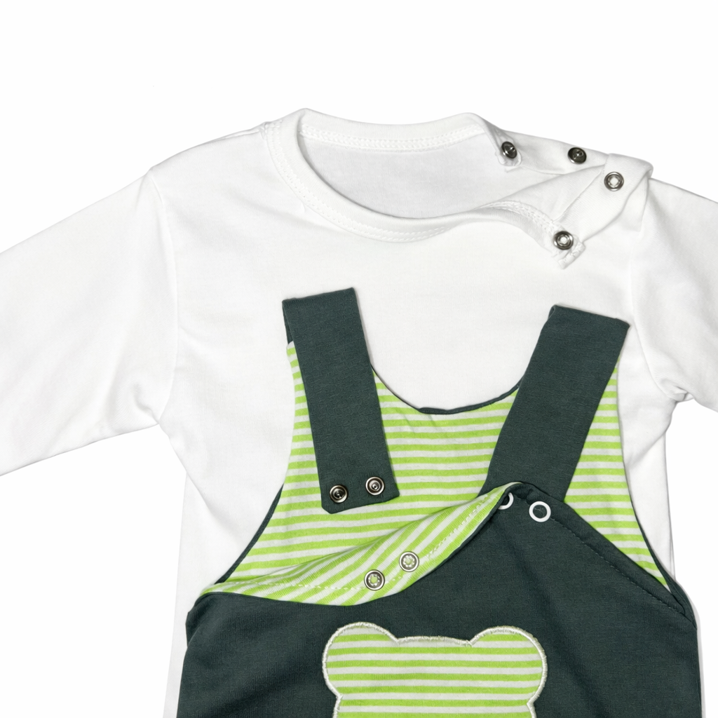 Baby Unisex 2-Pieces Cotton Set – Teddy Bear Blouse & Green Overall