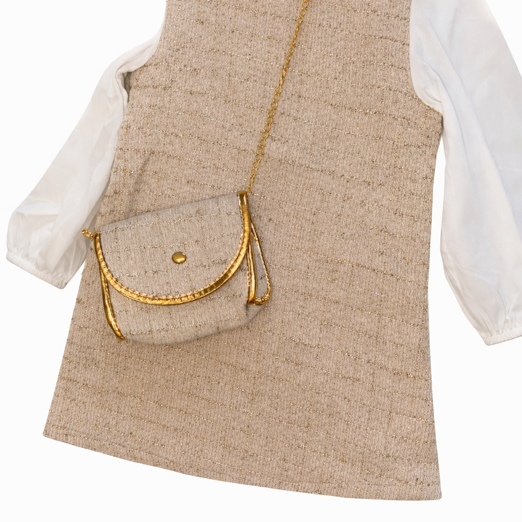Tweed Fabric Dress in Pink & Beige with Gold Chain Crossbody Bag