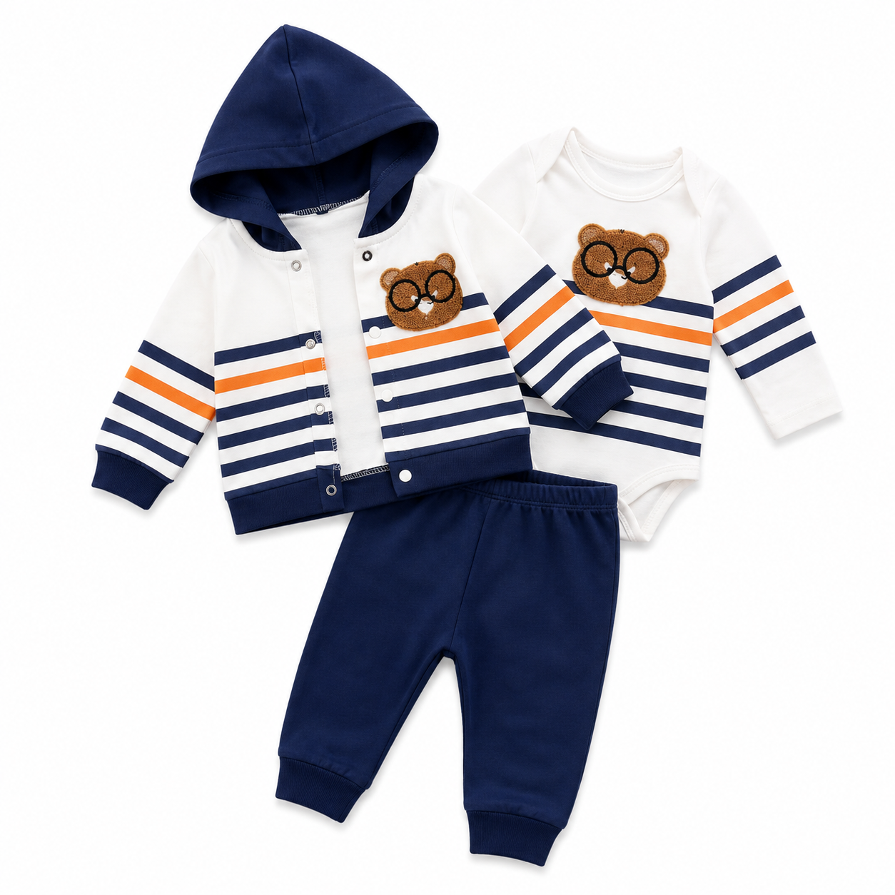 Boys Teddy Bear Striped 3-Piece Hooded Set
