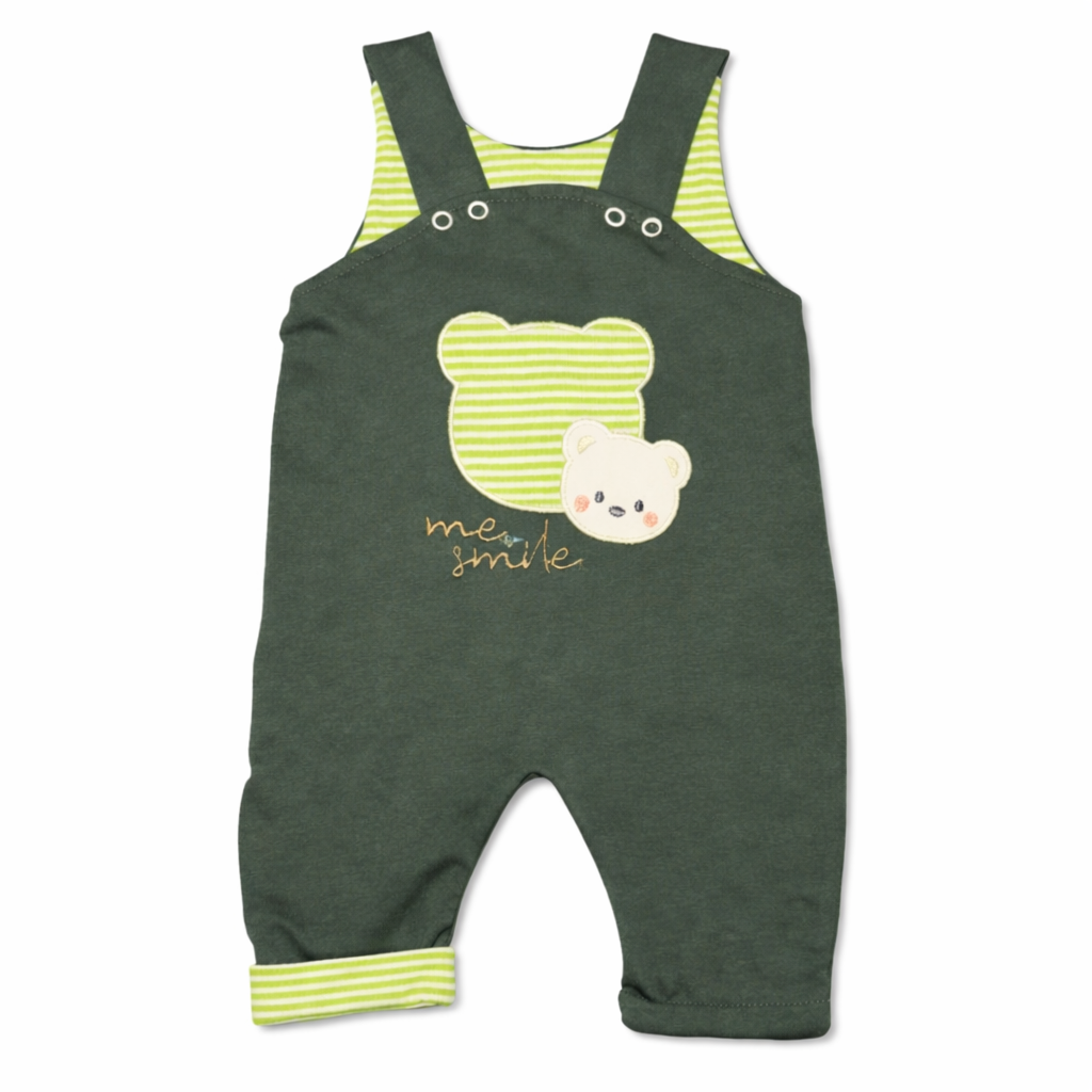 Baby Unisex 2-Pieces Cotton Set – Teddy Bear Blouse & Green Overall