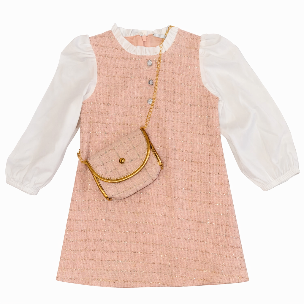 Tweed Fabric Dress in Pink & Beige with Gold Chain Crossbody Bag