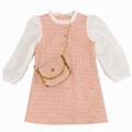 Tweed Fabric Dress in Pink & Beige with Gold Chain Crossbody Bag