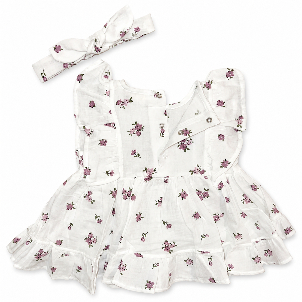 Girls Floral Linen Dress with Headband - 2 Pieces