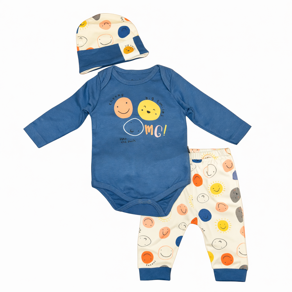 Boys 3-Pieces Cotton Smiley Set – White & Blue Spring Collection