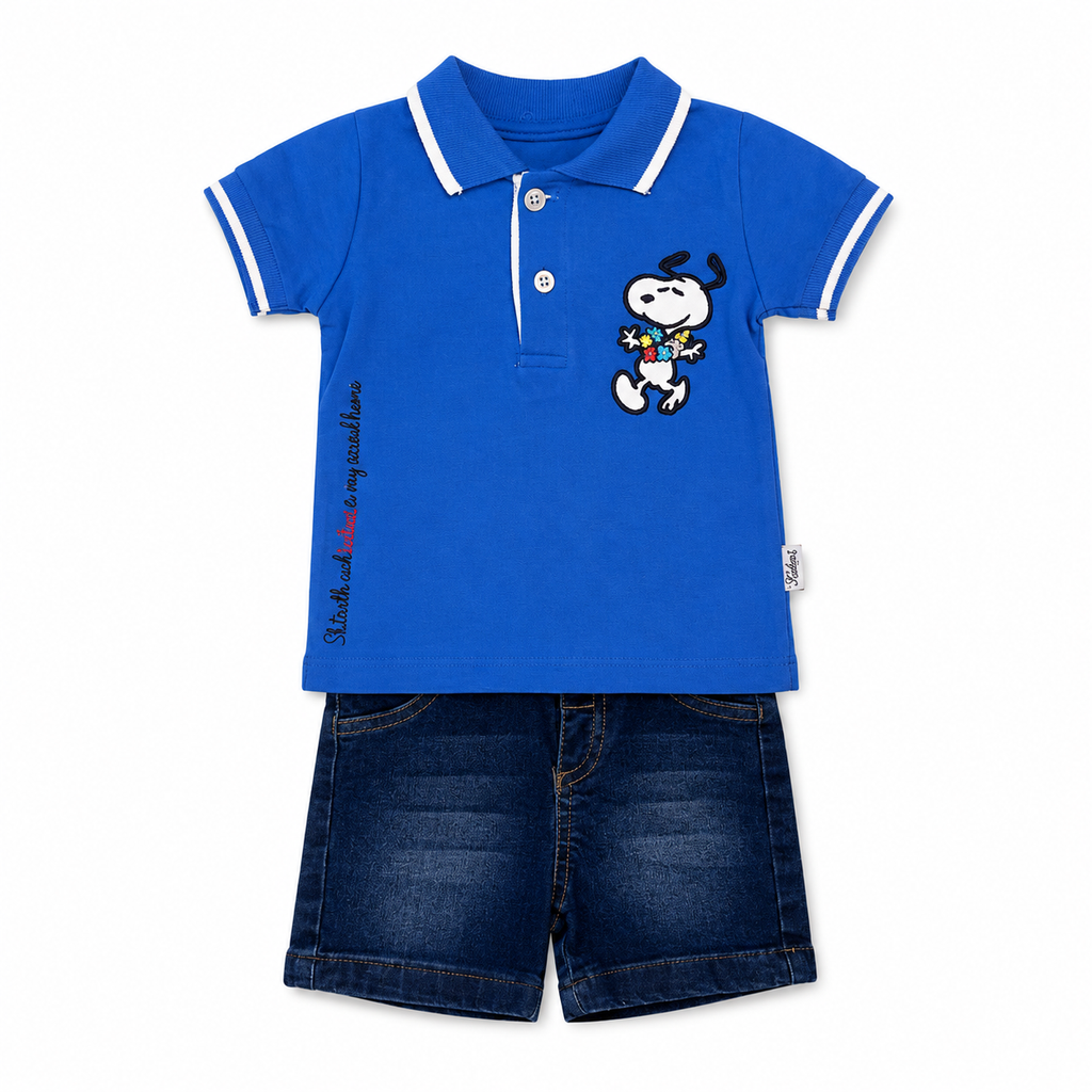 Boys 2 Pieces Polo Snoopy & Jeans Shorts Set