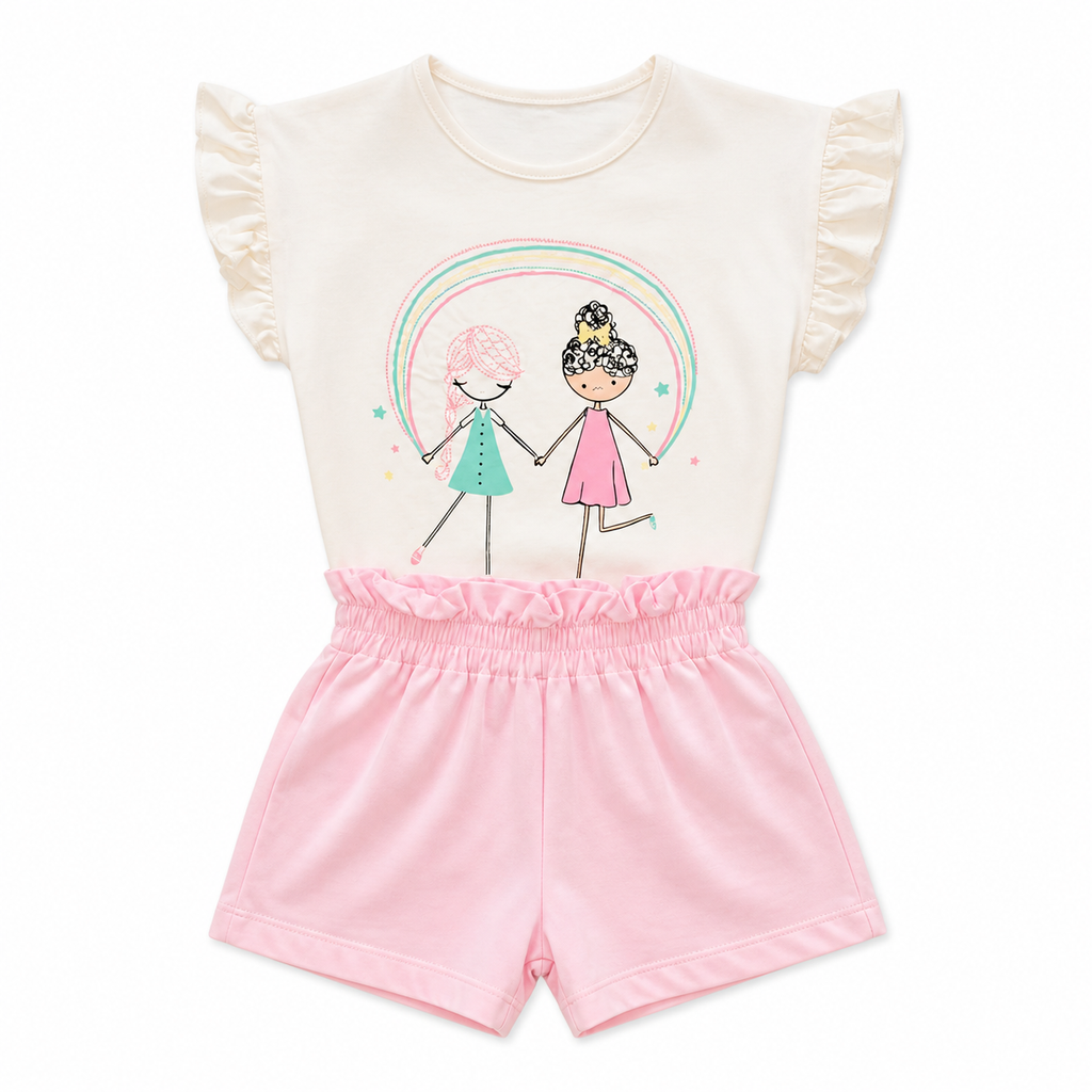 Pink Shorts and White Graphic Blouse Set 2-Pieces