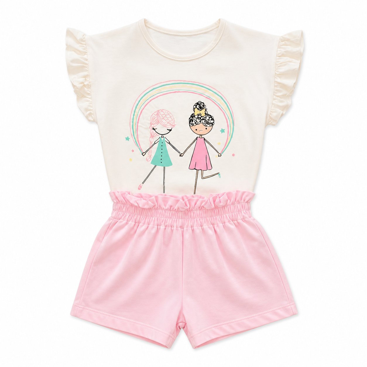Pink Shorts and White Graphic Blouse Set 2-Pieces