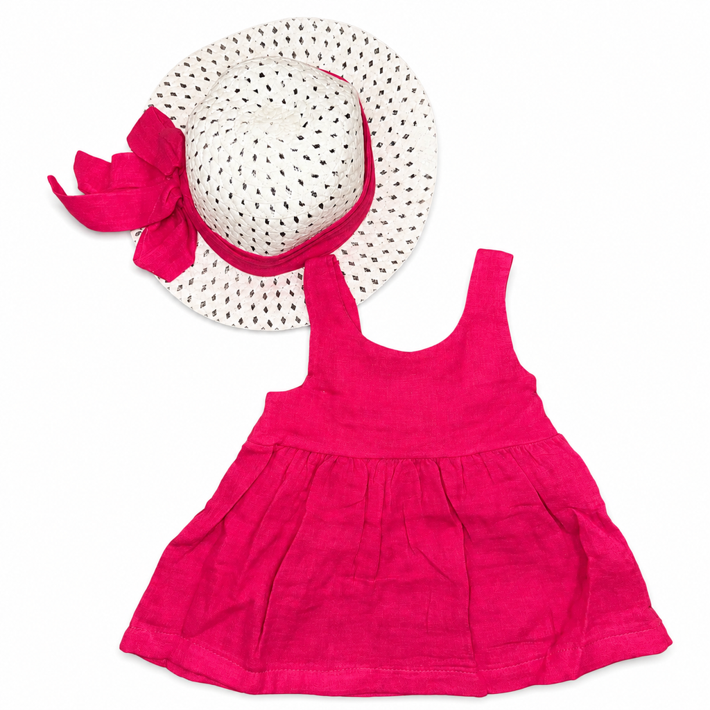 Girls Linen Fuchsia Dress with Hat Set - 2 Pieces