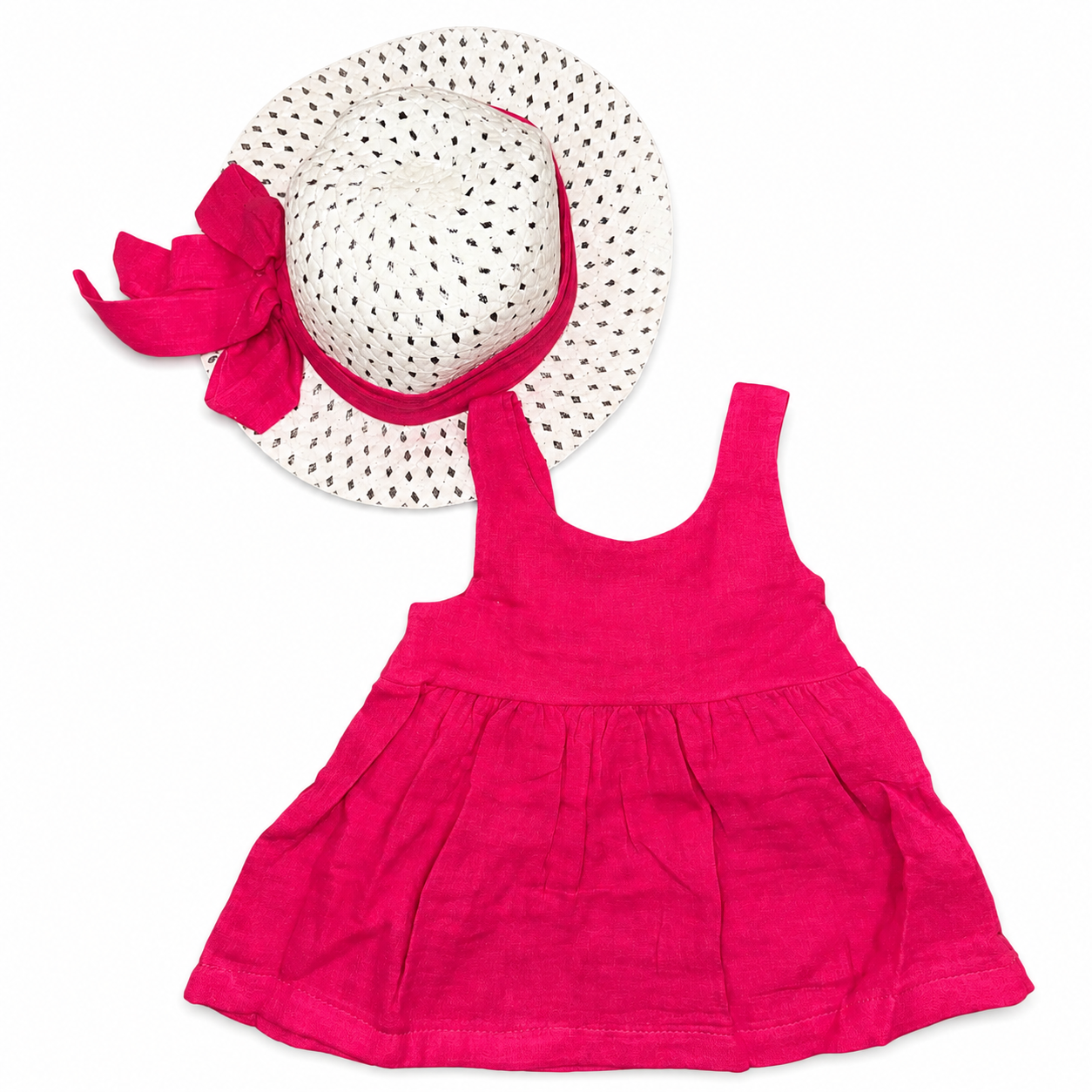 Girls Linen Fuchsia Dress with Hat Set - 2 Pieces