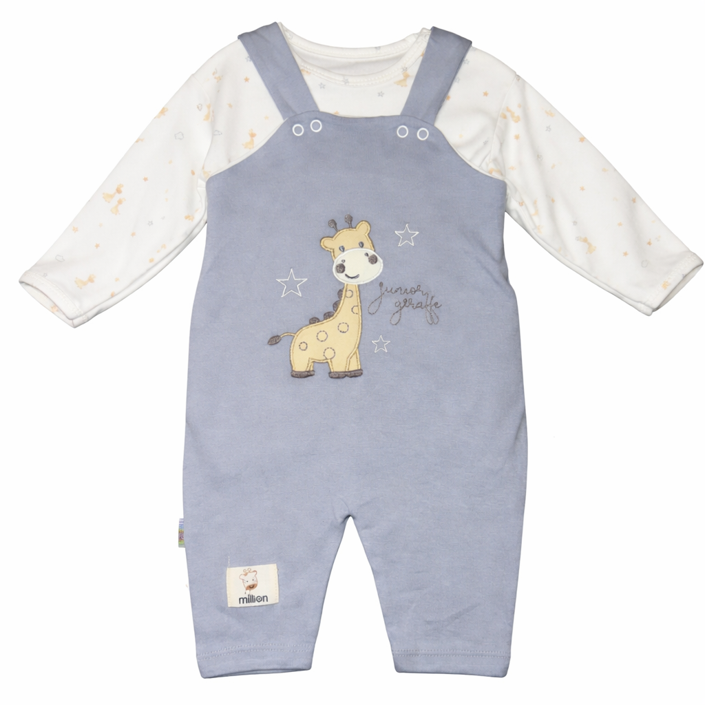 Baby Unisex 2-Pieces Cotton Set – Giraffe Blouse & Gray Overall