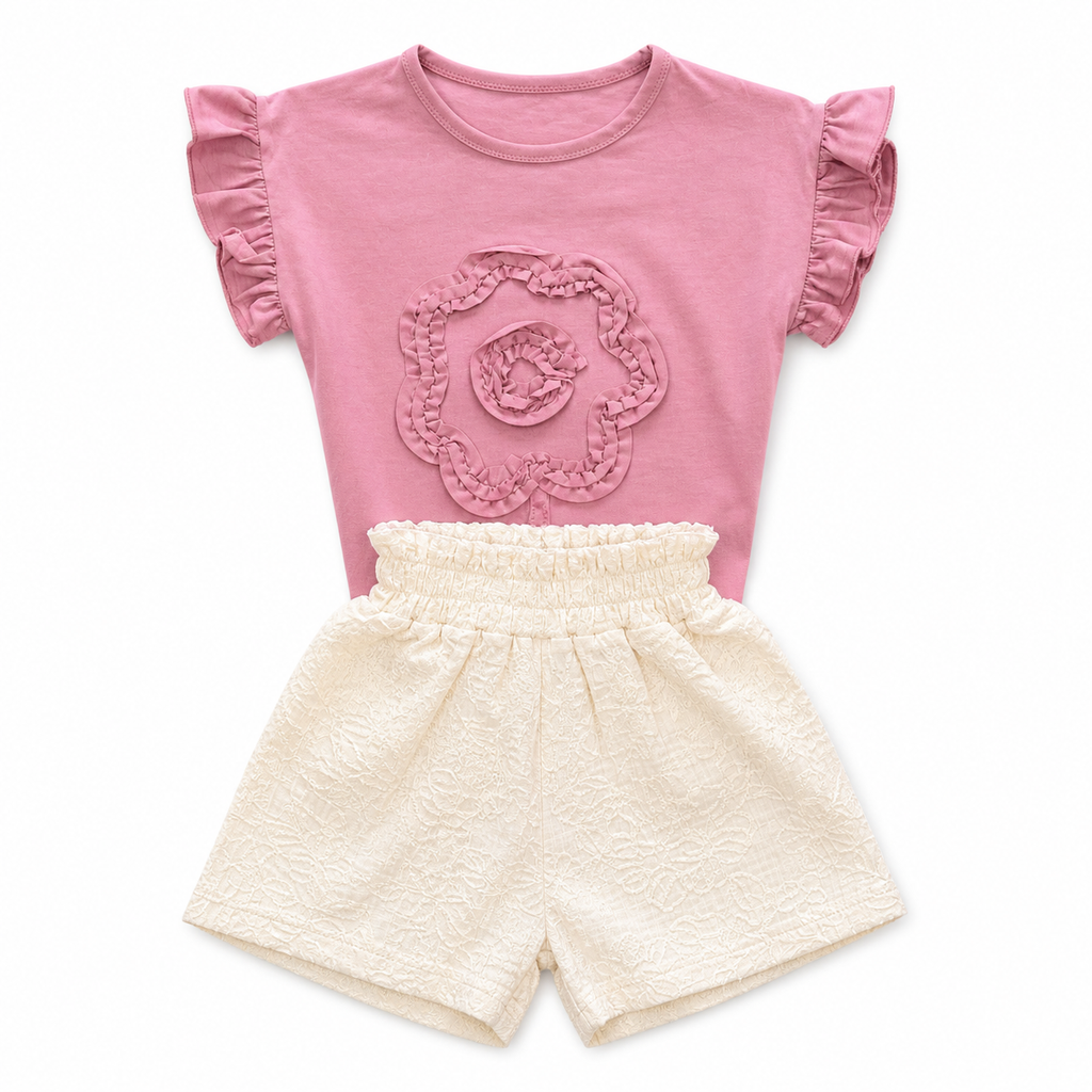 Creamy Shorts and Pink Blouse Set 2-Pieces