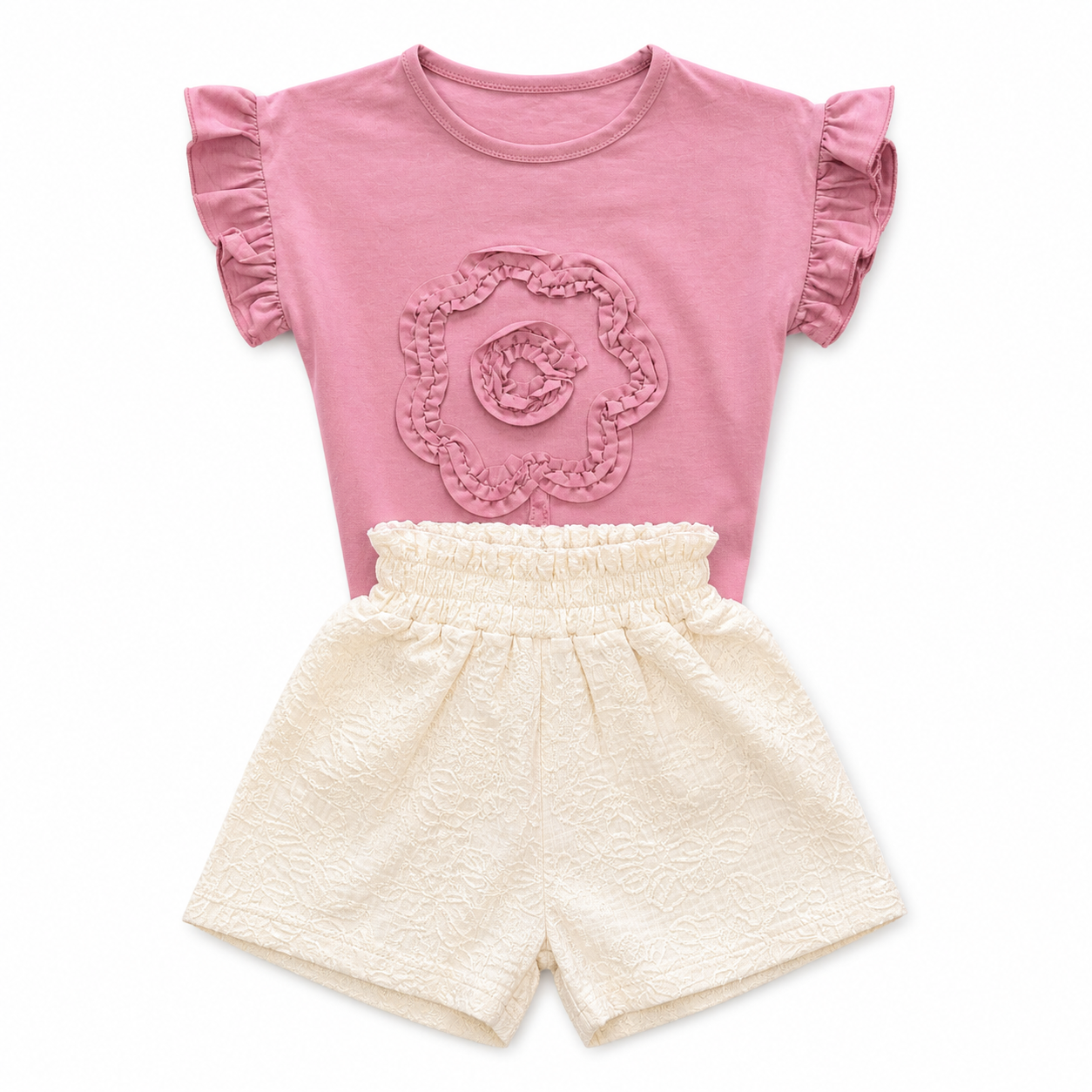 Creamy Shorts and Pink Blouse Set 2-Pieces