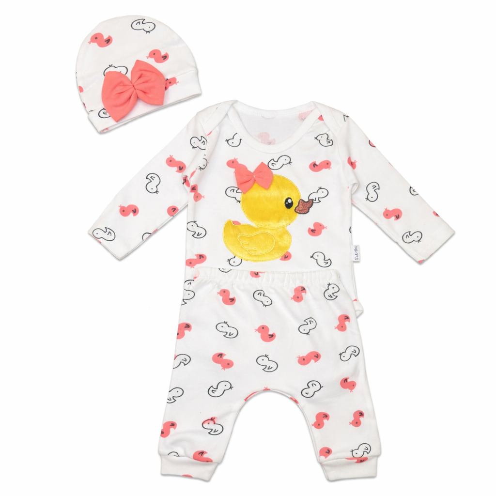 Girls 3-Pieces Duck Print Cotton Set – White & Pink