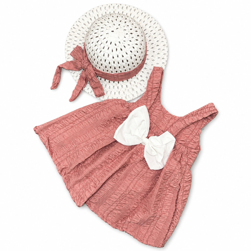 Girls Textured Dress with Hat Set - 2 Pieces