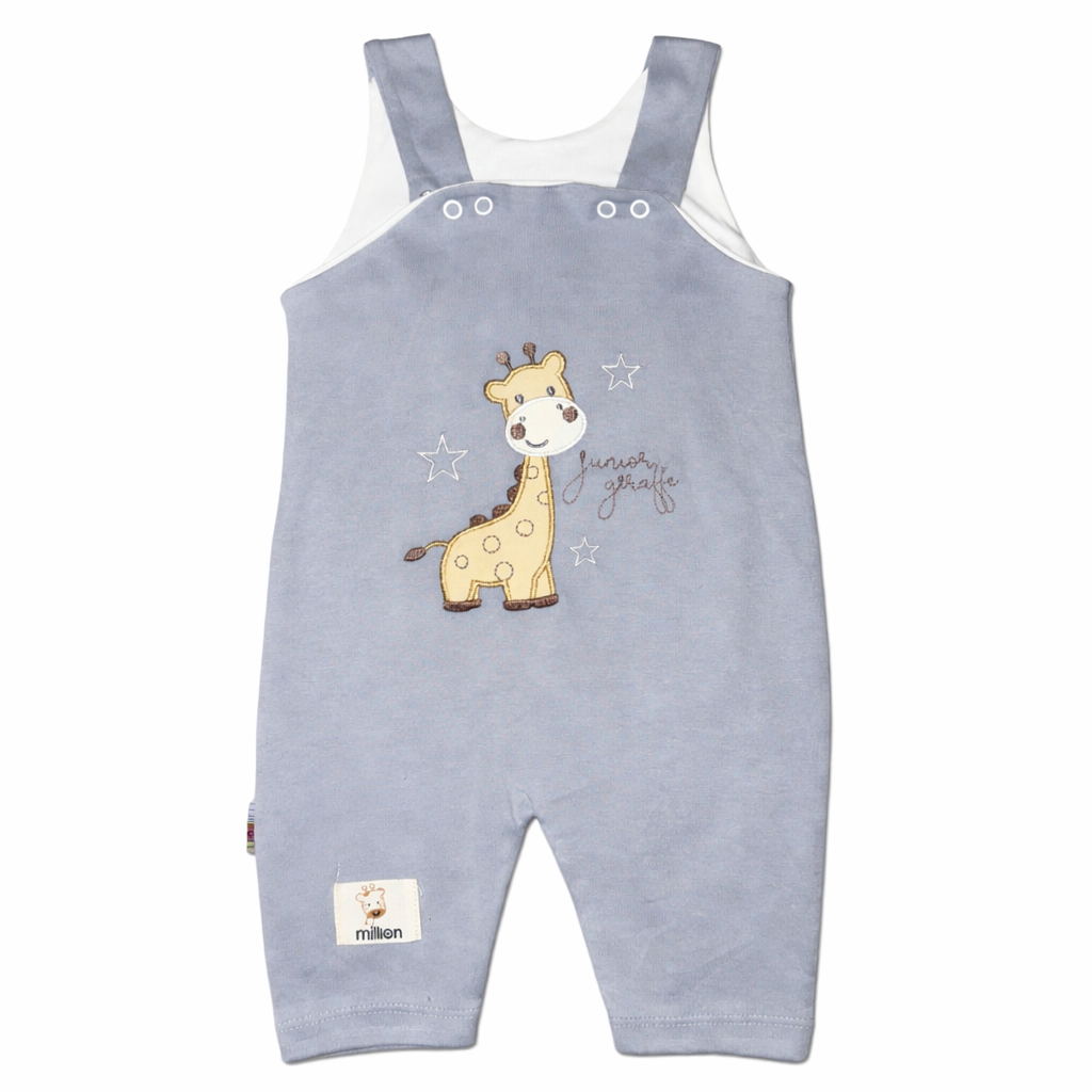 Baby Unisex 2-Pieces Cotton Set – Giraffe Blouse & Gray Overall