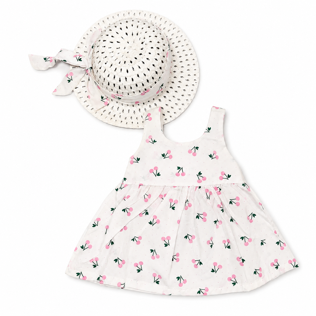 Girls Cherry Dress with Hat Set - 2 Pieces