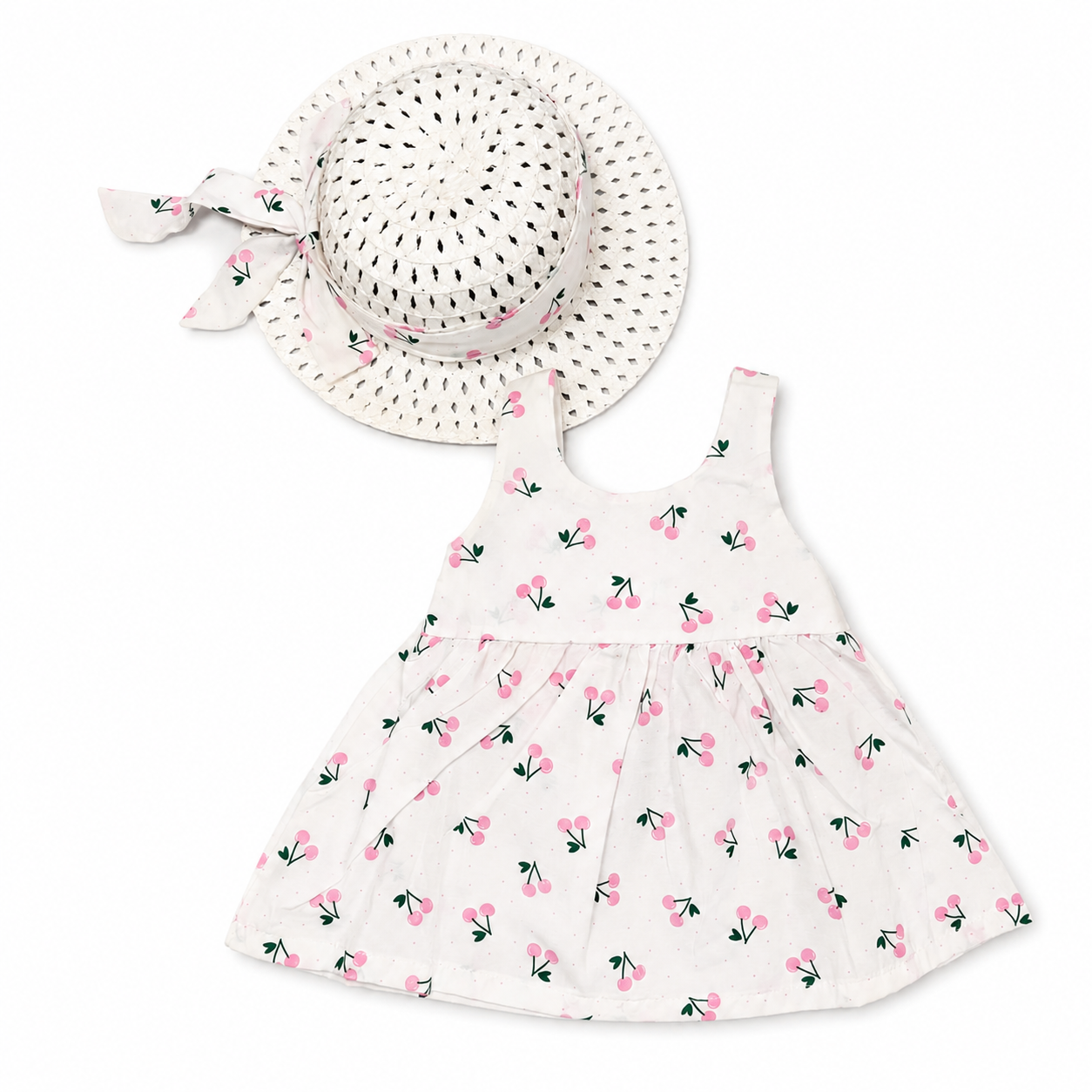 Girls Cherry Dress with Hat Set - 2 Pieces