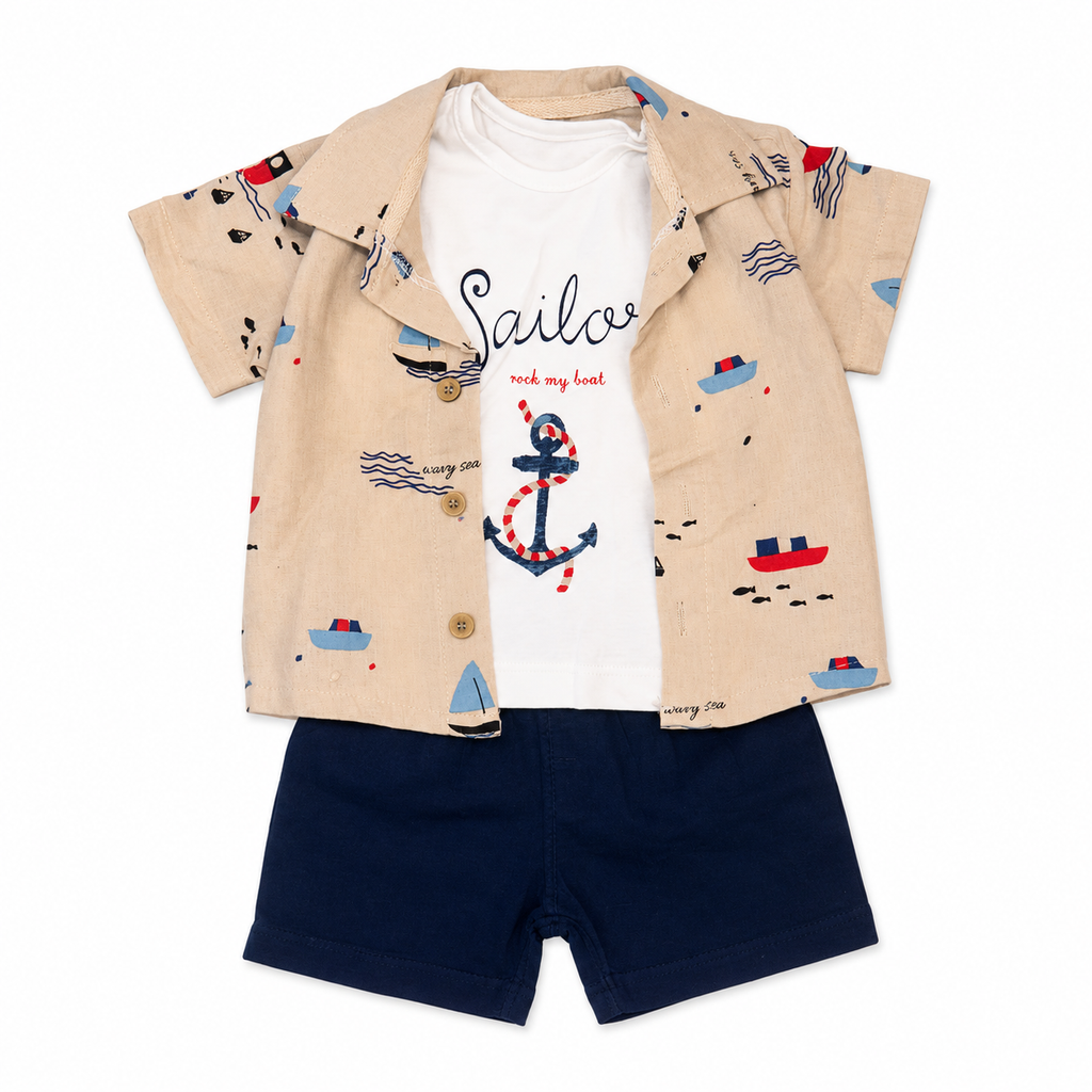 Boys 3 Pieces Sailor Linen Shirt & Shorts Set with Cotton White T-Shirt