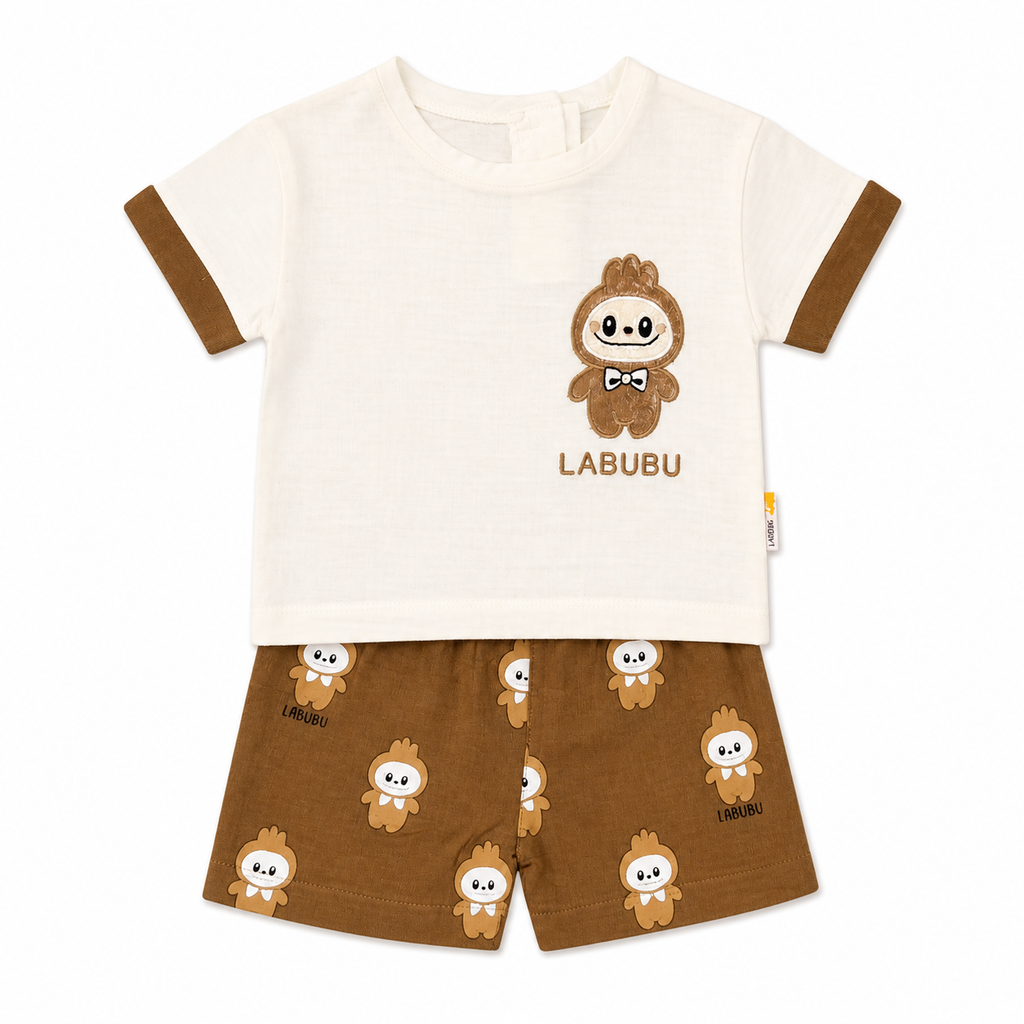 Linen Set with Labubu Print in Brown and White – 2-Piece Set