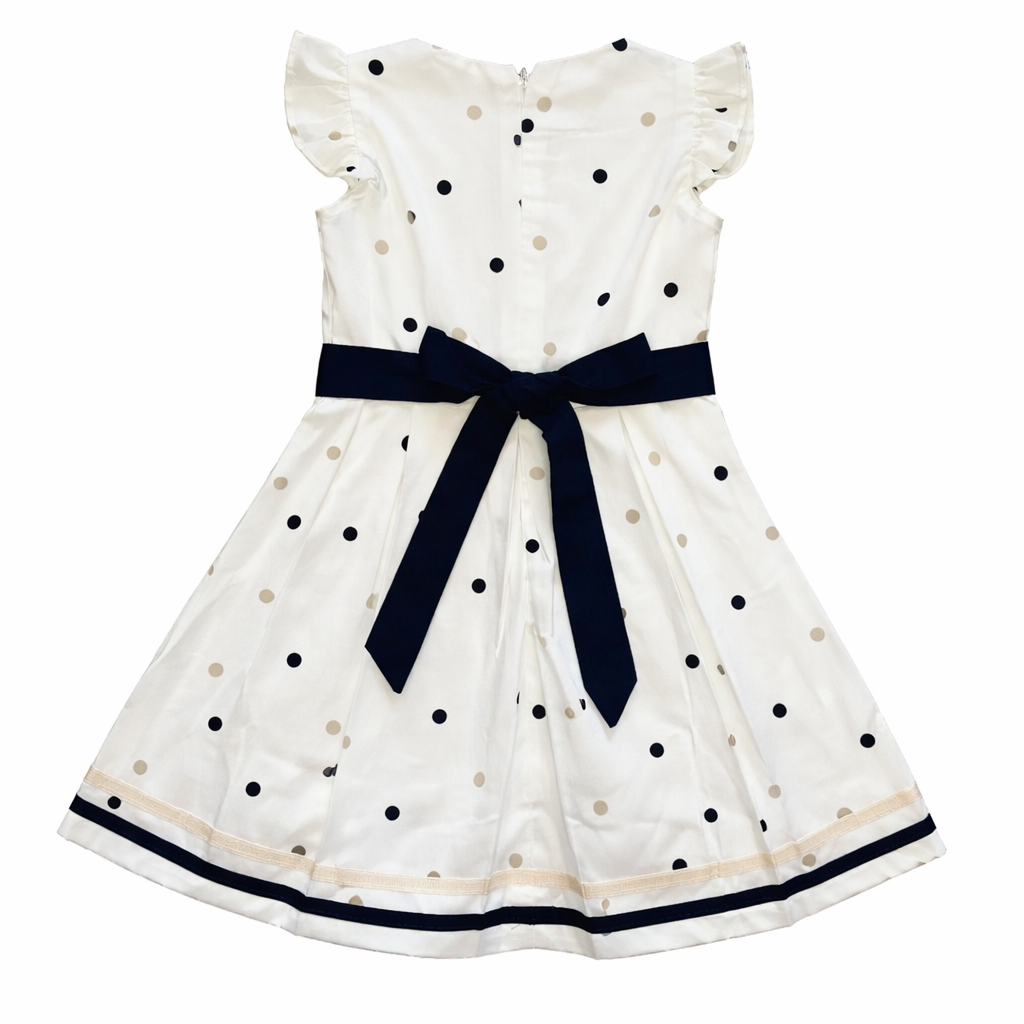 Girls Elegant White Dotted Dress with Beige Cardigan