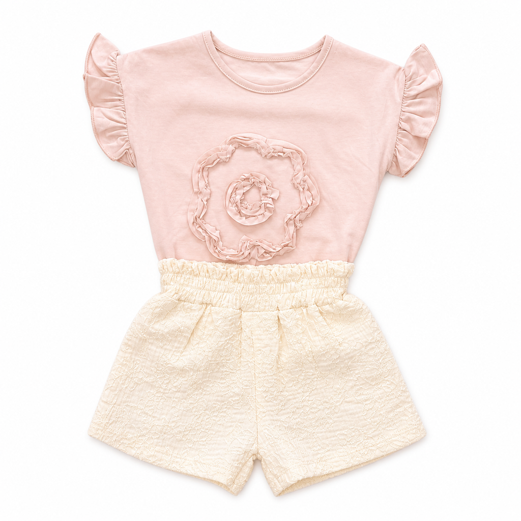Creamy Shorts and Pink Blouse Set 2-Pieces