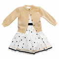 Girls Elegant White Dotted Dress with Beige Cardigan