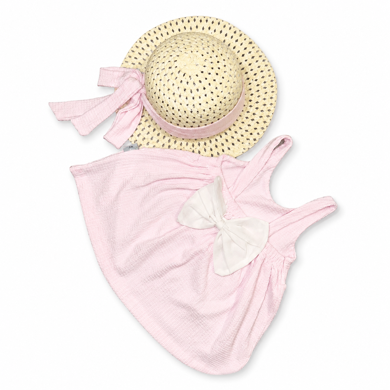Girls Pink Dress with Cream Hat Set - 2 Pieces