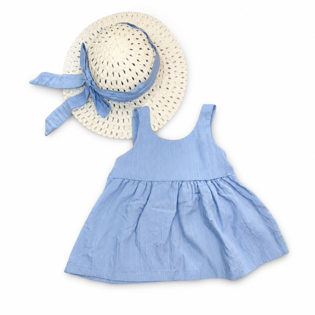 Girls Satin Texture Dress with Hat Set - 2 Pieces