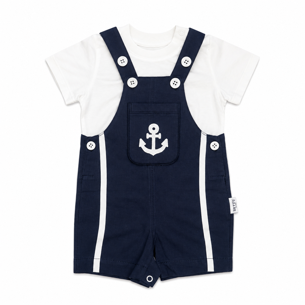 Boys Marine Linen Overall Set with Cotton White T-Shirt