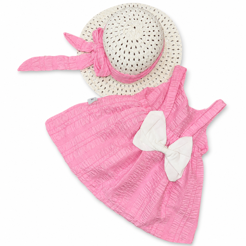 Girls Textured Dress with Hat Set - 2 Pieces