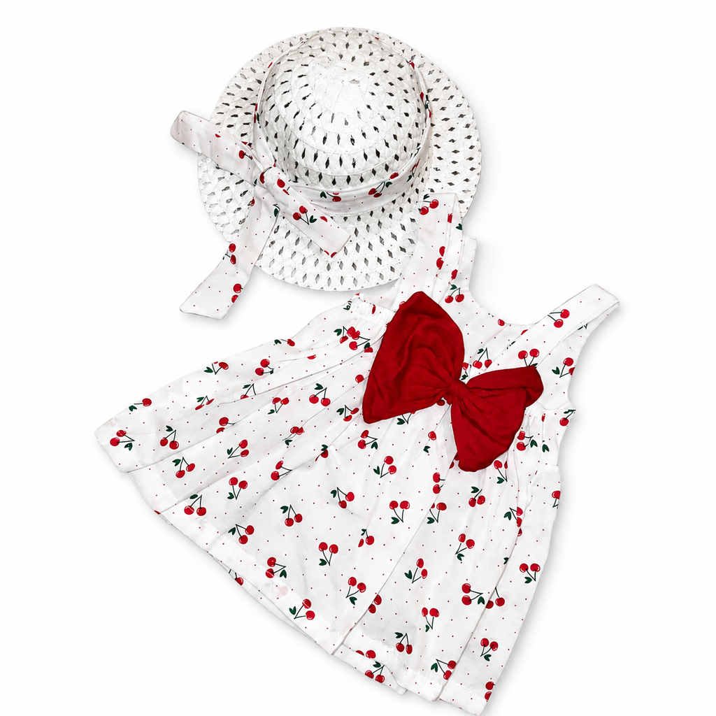 Girls Cherry Dress with Hat Set - 2 Pieces