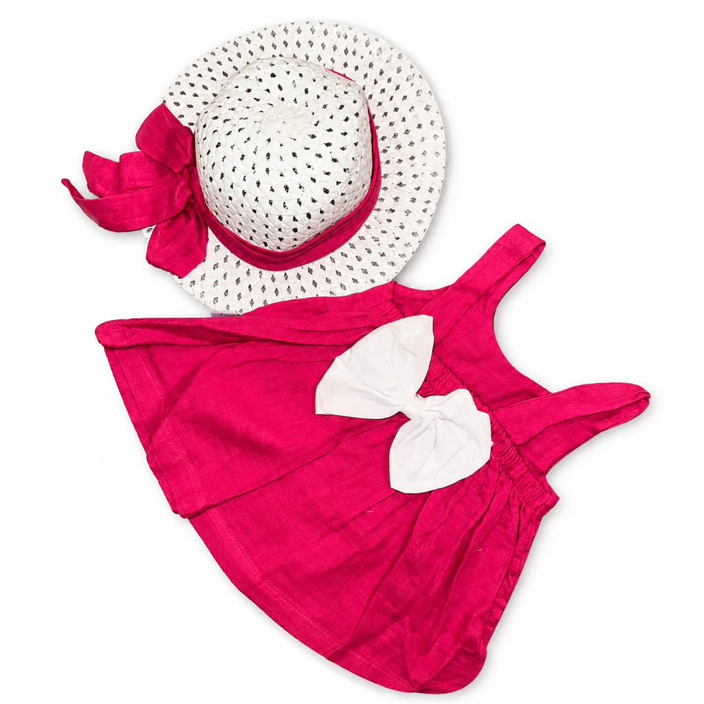 Girls Linen Fuchsia Dress with Hat Set - 2 Pieces