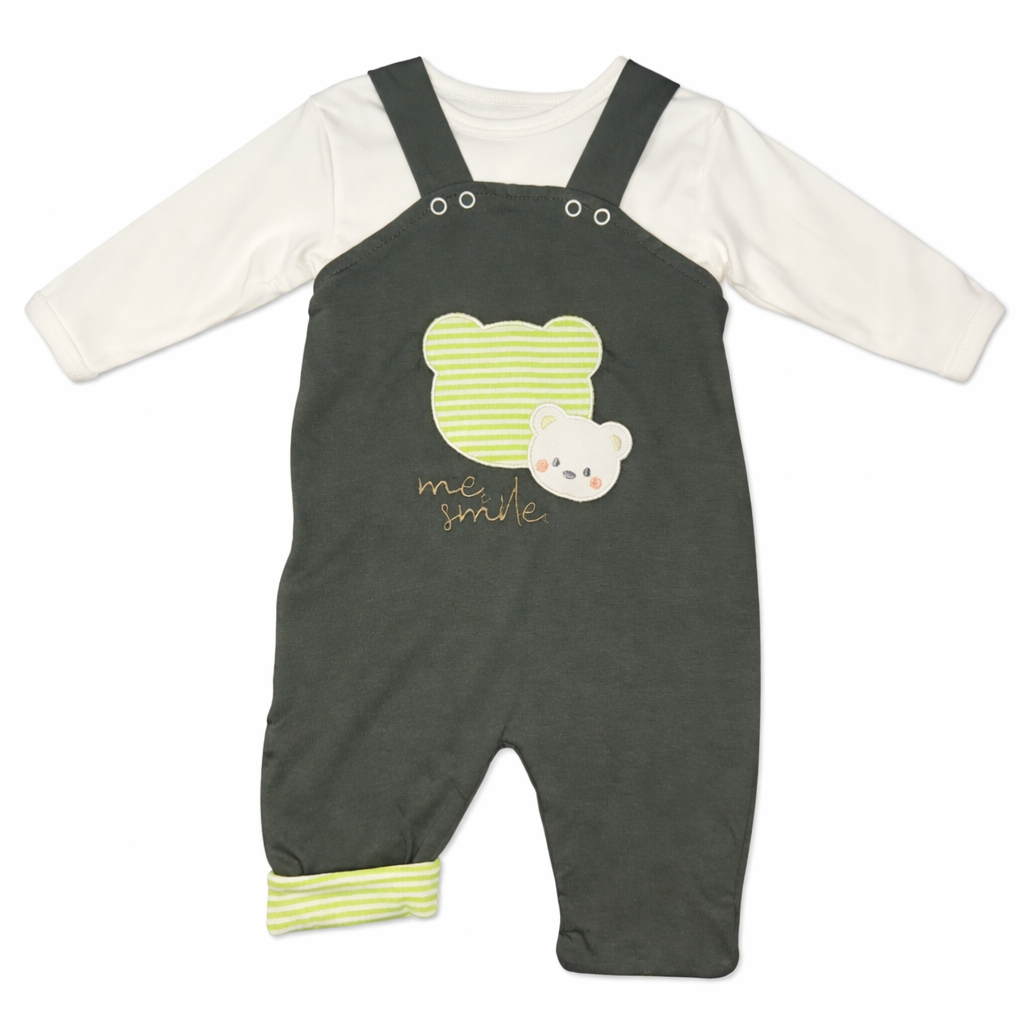 Baby Unisex 2-Pieces Cotton Set – Teddy Bear Blouse & Green Overall