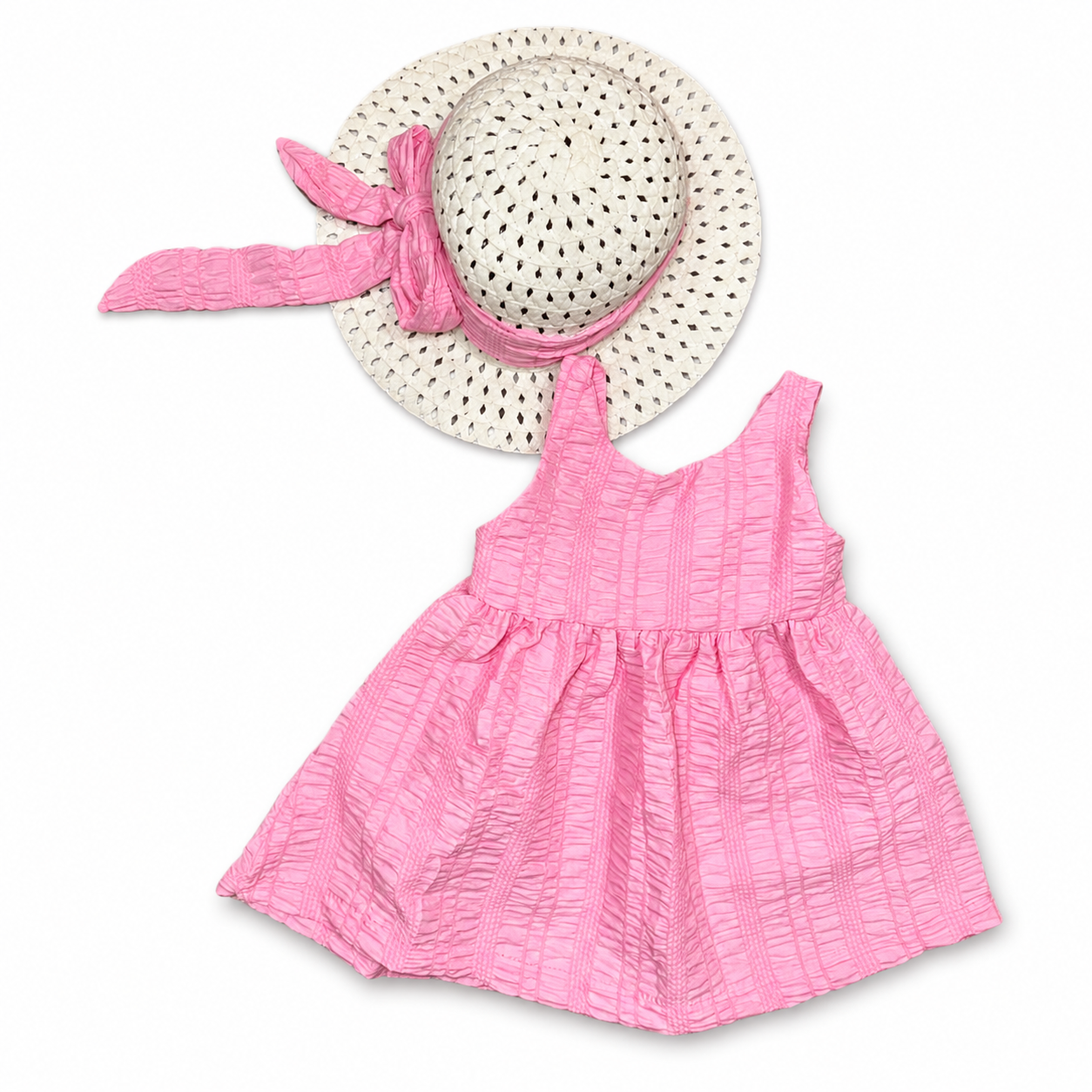 Girls Textured Dress with Hat Set - 2 Pieces
