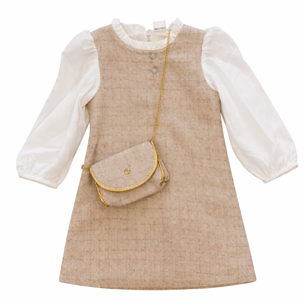 Tweed Fabric Dress in Pink & Beige with Gold Chain Crossbody Bag