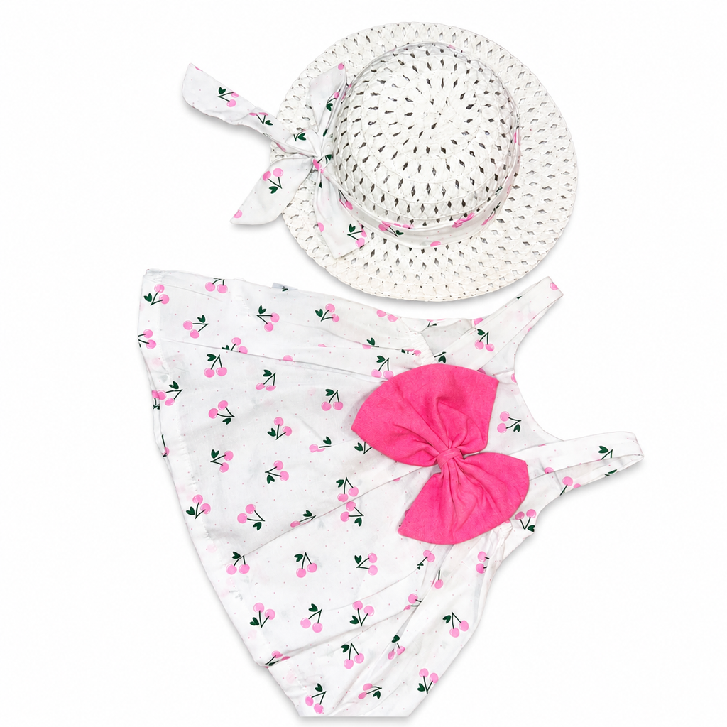 Girls Cherry Dress with Hat Set - 2 Pieces
