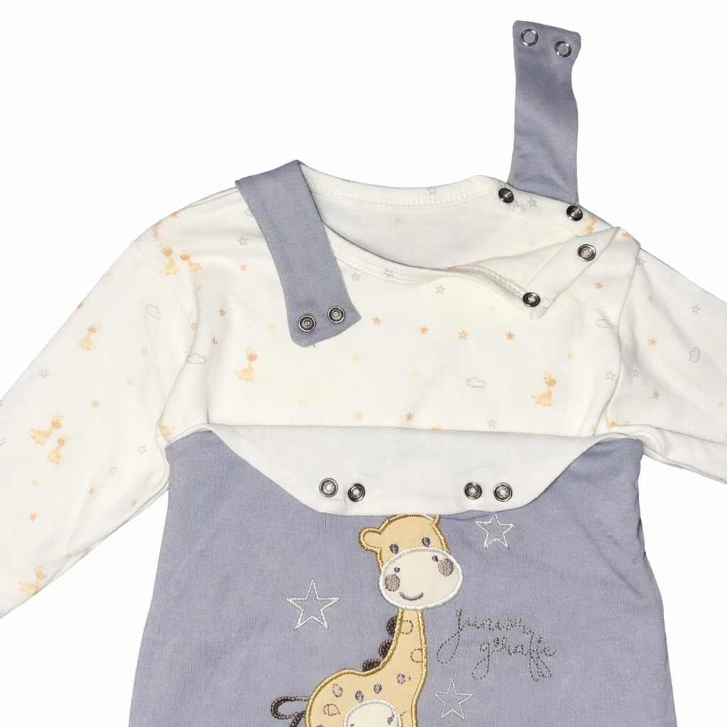 Baby Unisex 2-Pieces Cotton Set – Giraffe Blouse & Gray Overall